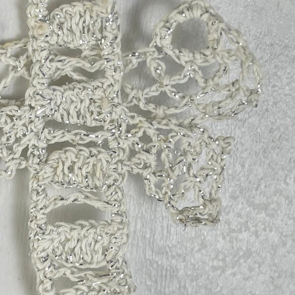 Vintage Crochet Candy Cane Ornament Hand Made White Thread Sparkly Christmas - Picture 3 of 3